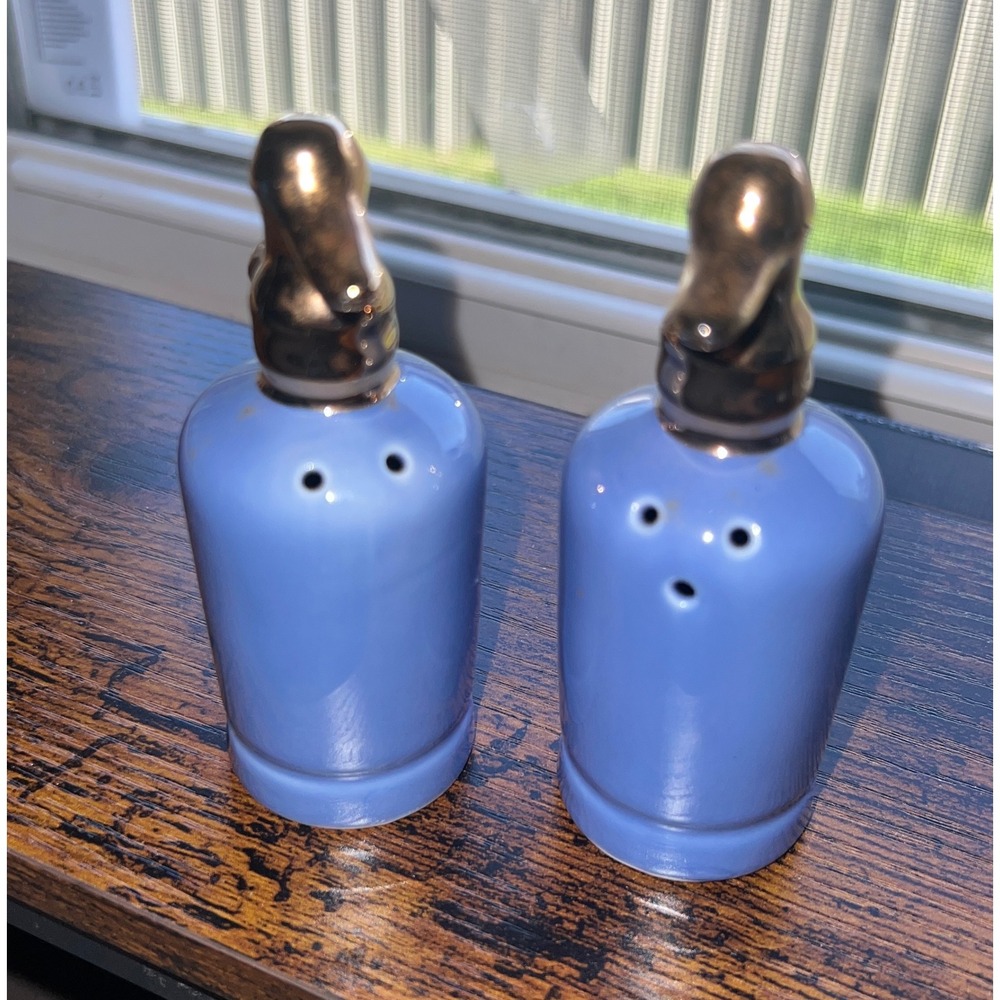 Sarsaparilla Seltzer Bottle Salt and Pepper Shakers OS Blue Excellent 1981 Deco